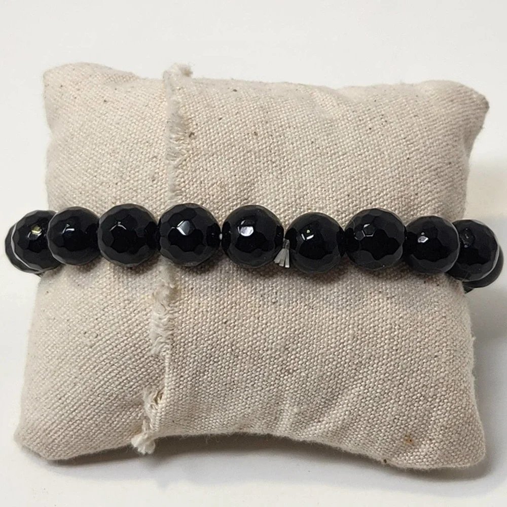 Black Glass Faceted Bead Pave Crystal Stretch Bracelet Costume Fashion Jewelry